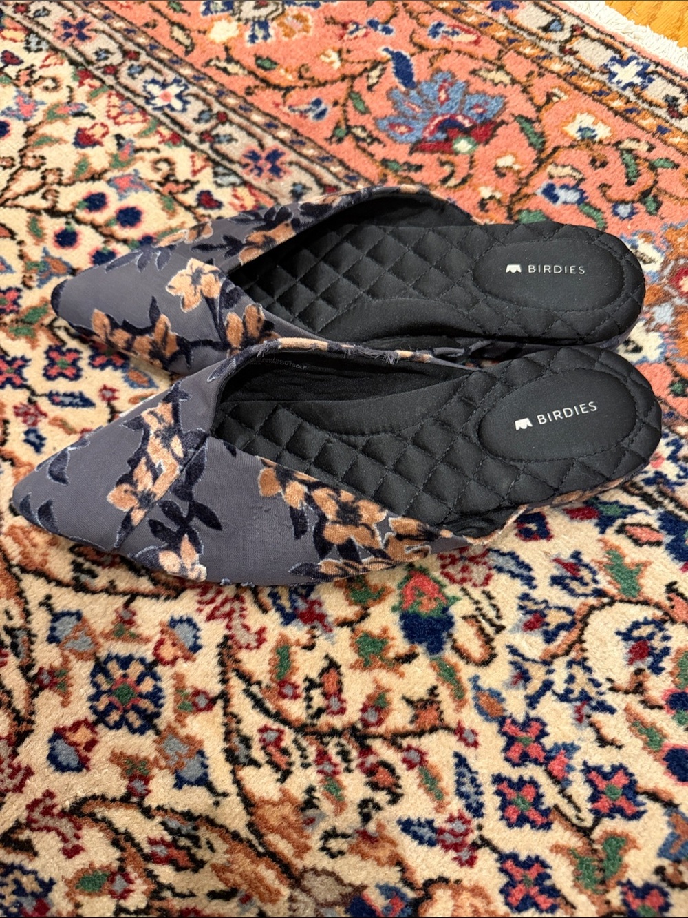 Birdies Navy Floral Pointed Slip-On Mules with Tan Accents The Swan Sakura